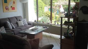 Een televisie, een dvd-speler, een tafeltennistafel en een stereo