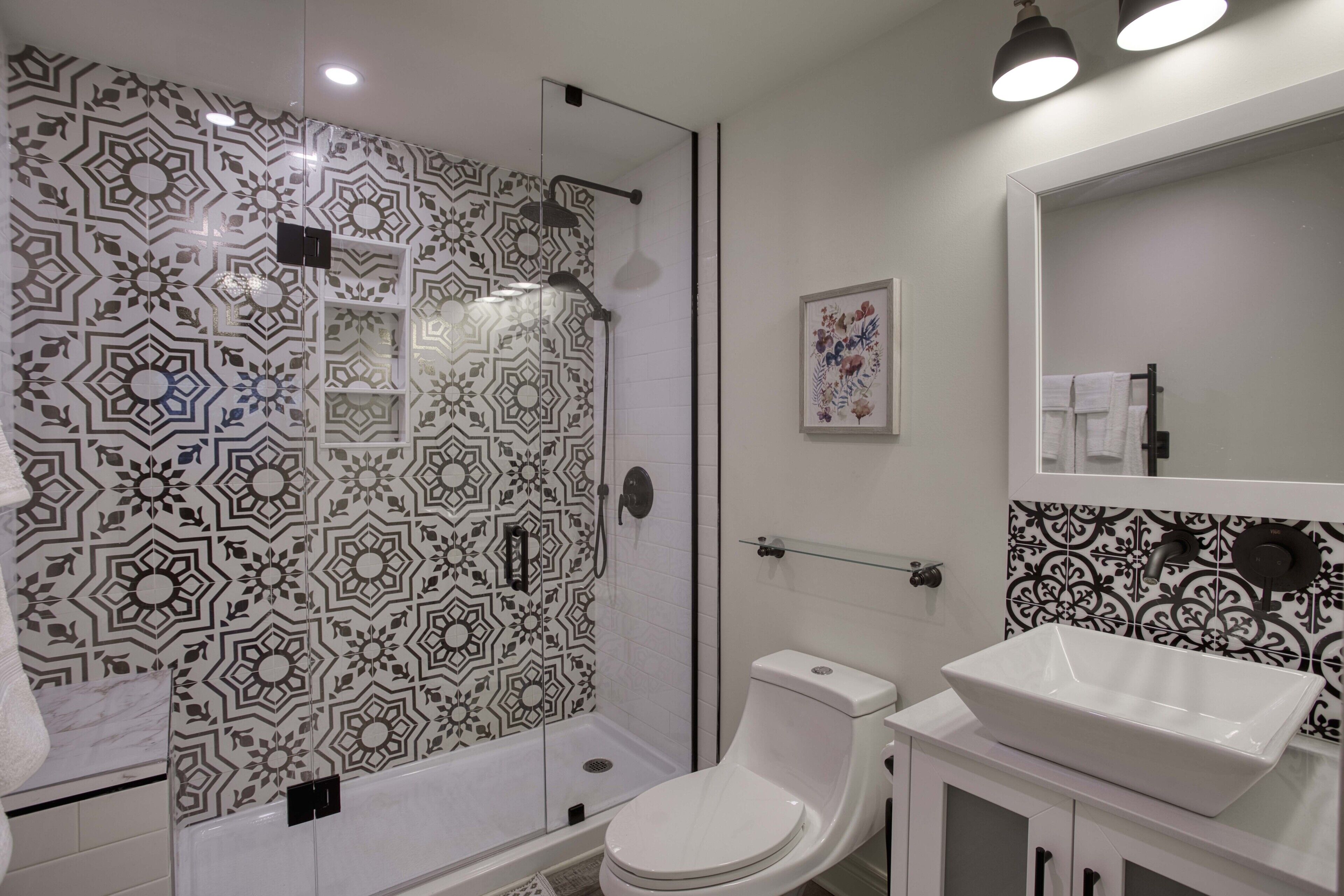 Hair dryer, towels, soap, shampoo