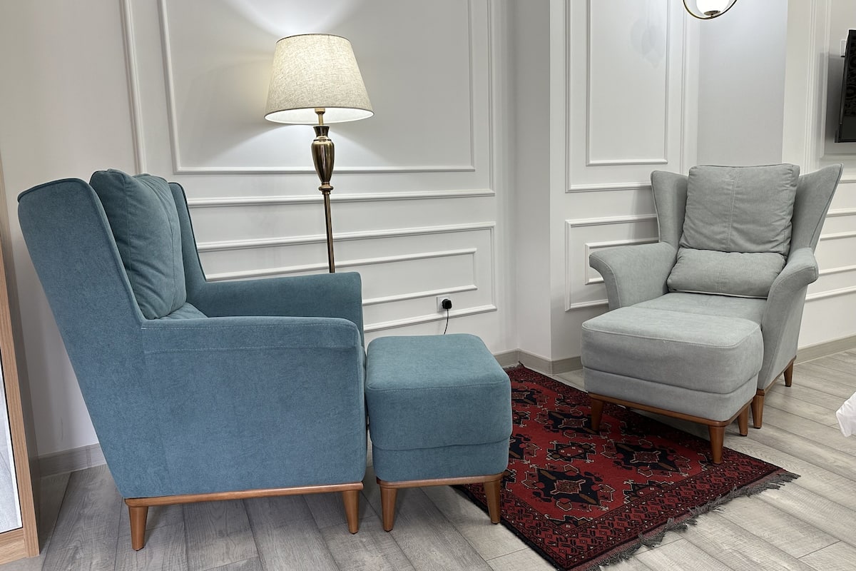 Un salon avec un canapé bleu, un fauteuil gris, un tapis à motifs rouges et un lampadaire.