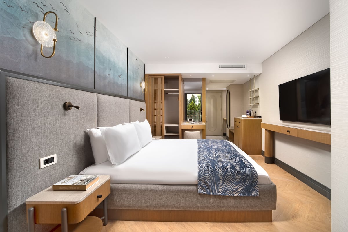 Habitació d'hotel moderna amb un llit gran, una televisió, una taula de treball i un armari.