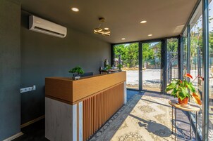 Un área de recepción con mostrador de madera, una planta en maceta y vista al exterior.
