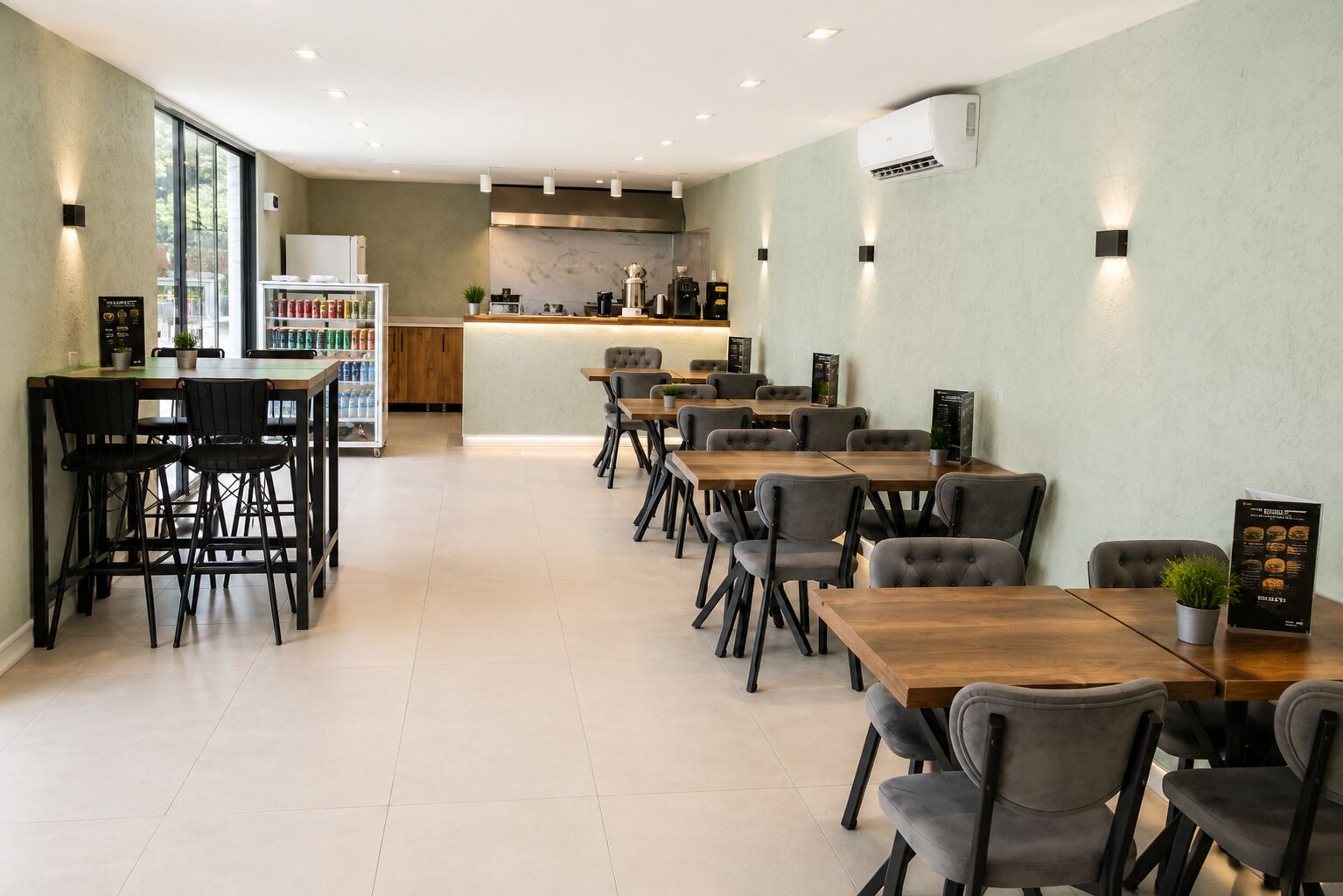 A modern dining area with wooden tables and chairs, a kitchen in the background, and a large window providing natural light.