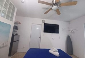 A bedroom with a bed, a ceiling fan, a television, a door, and a small kitchenette area.
