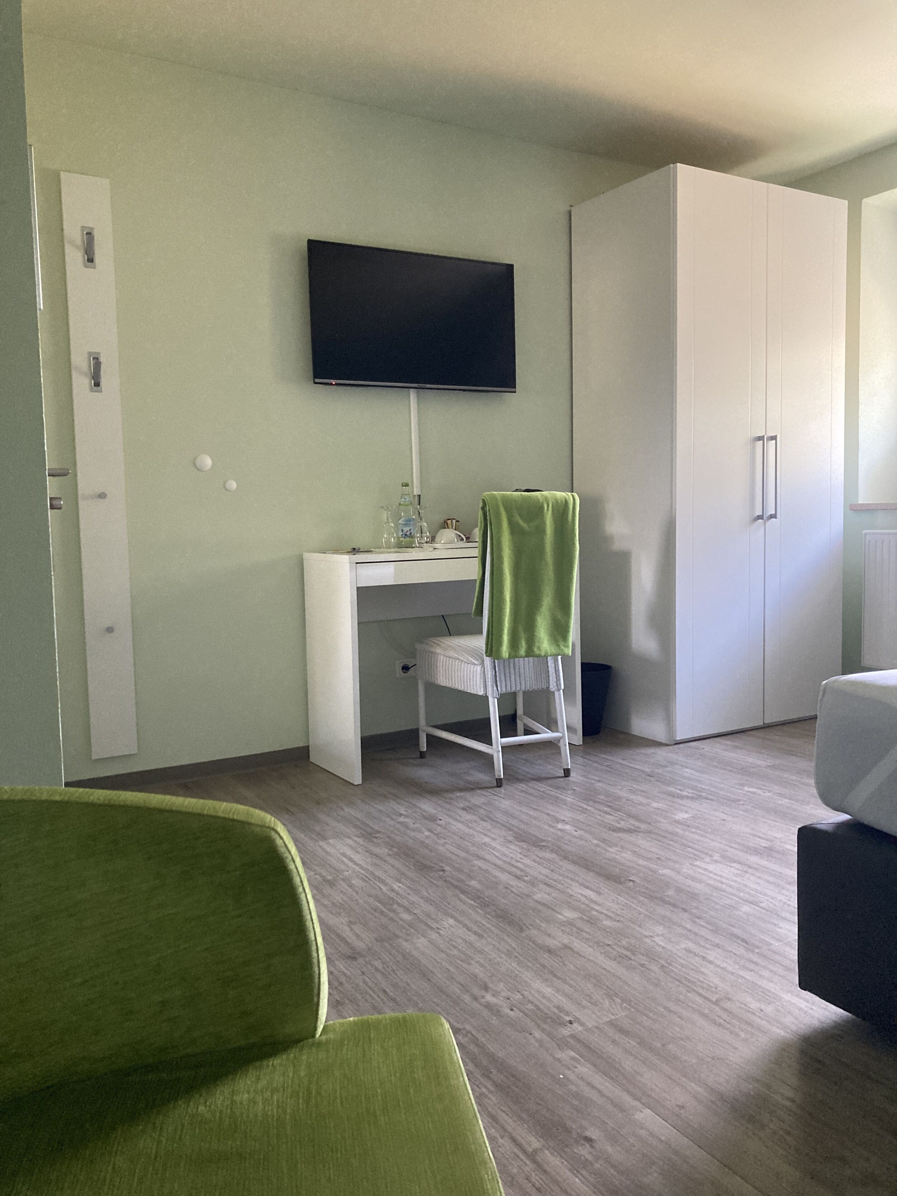 Una habitación con escritorio, silla, televisor, armario y sofá verde.