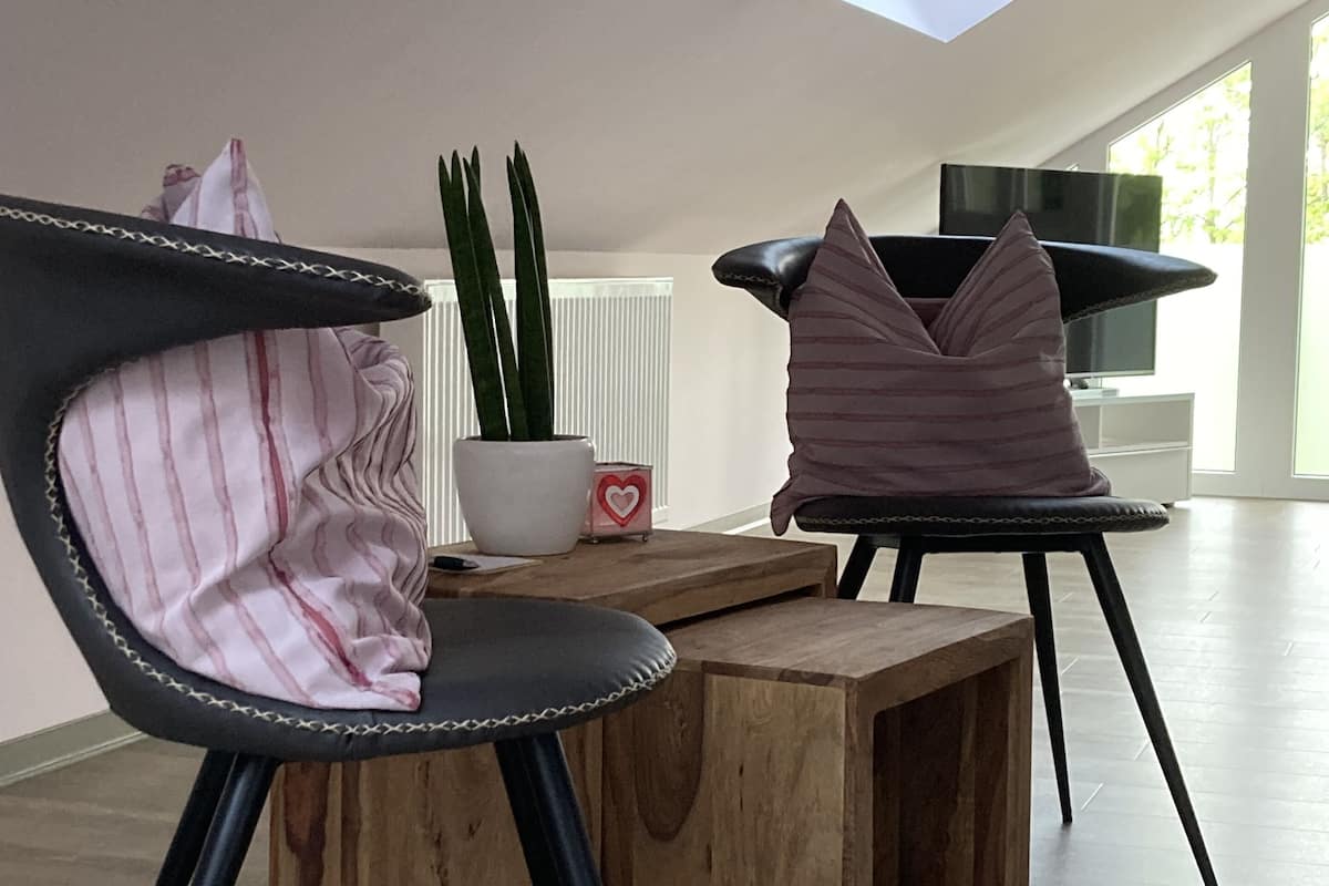 A modern living room with two chairs, a coffee table, a potted plant, and a TV.