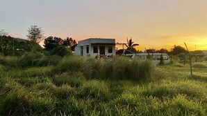 A house with a flat roof and a balcony, surrounded by tall grass and trees, during sunset. - Jala Jala Casita Blanca Tiny House and Farm Stay with Mountain View and Pool (Jala Jala)