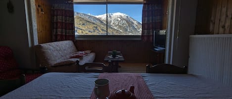 A bedroom with a bed, a table with a teapot and a mug, a chair, a window with a mountain view, and a radiator.