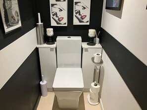 Hair dryer, towels, toilet paper