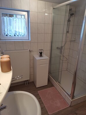 Shower, hair dryer, towels, soap