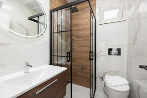 Shower, hair dryer, towels
