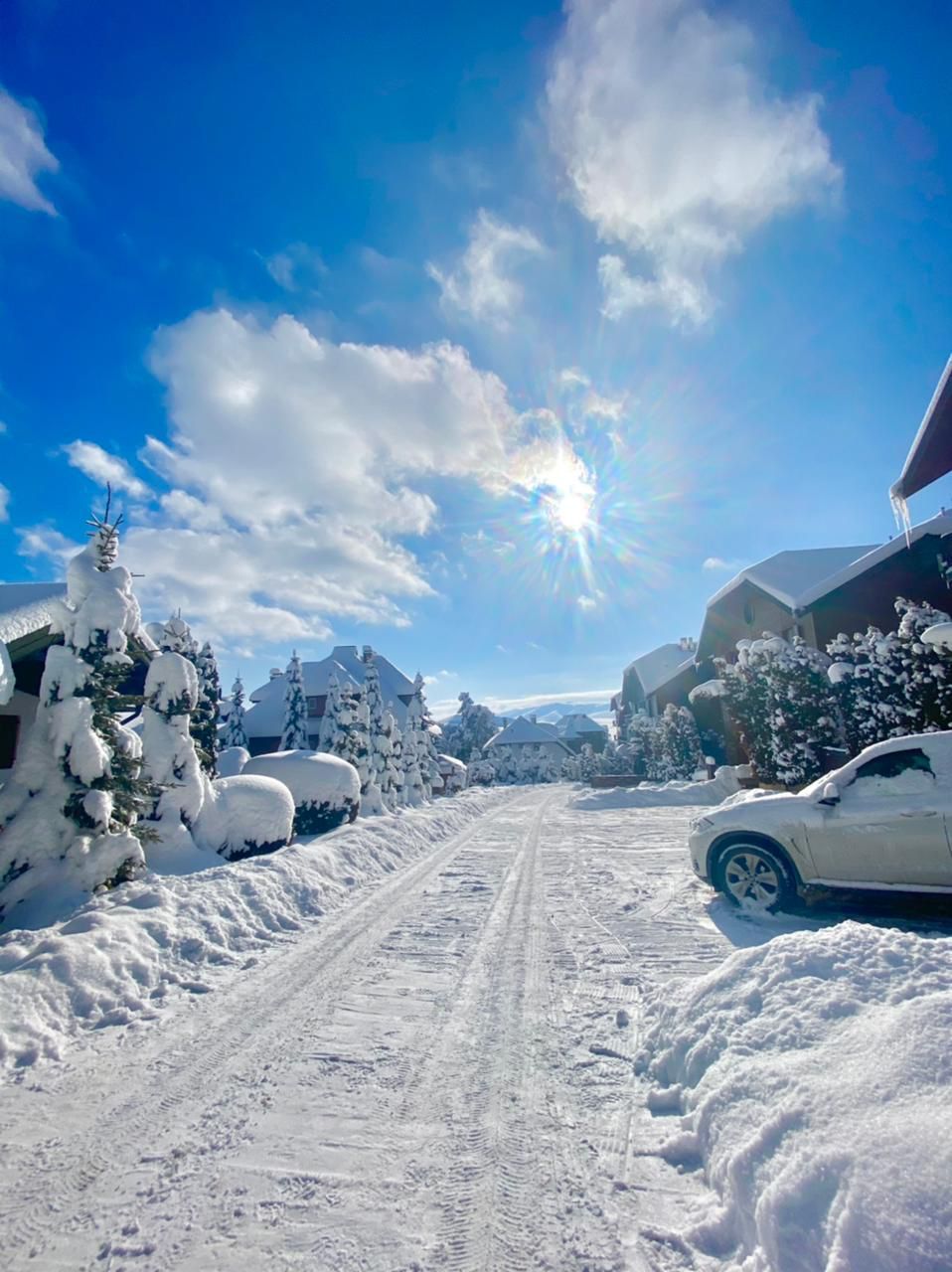 A snow-covered road with houses on either side, a clear sky, and a bright sun.