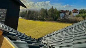 Vista desde un tragaluz de un edificio con techo inclinado, pared de piedra y un campo cubierto de hierba con casas al fondo.