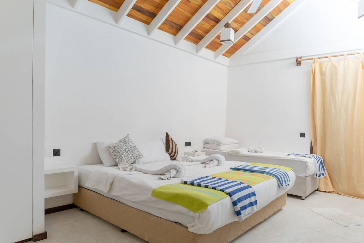 Une chambre moderne avec deux lits, des poutres en bois au plafond et une grande fenêtre avec des rideaux.