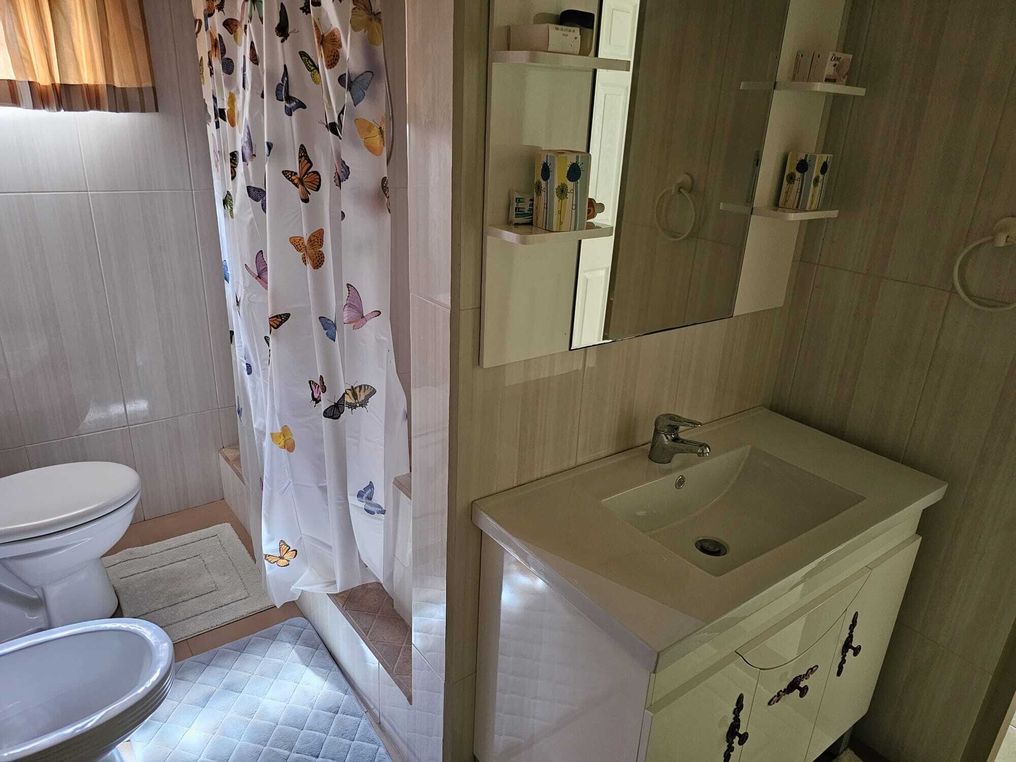 Ein Badezimmer mit Toilette, Waschbecken, Spiegel und einer Duschvorhang mit Schmetterlingsmuster.