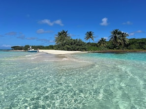 Mar turquesa y transparente con un bote cerca de la orilla, una playa arenosa y palmeras al fondo.