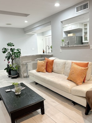 A modern living room with a white sofa, a black coffee table, and a potted plant.