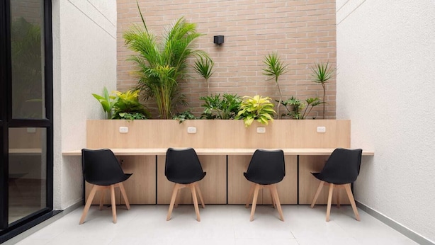 A modern workspace with a long wooden desk, four black chairs, and a variety of green plants. - Hotel Estar (Manizales)