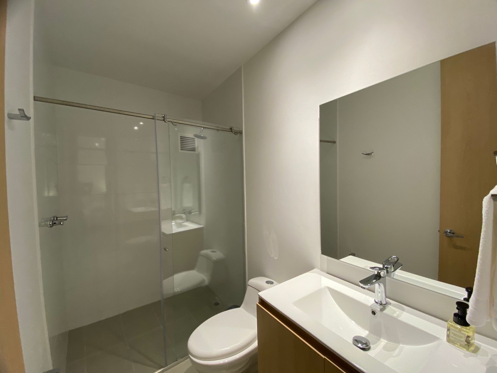 Ein modernes Badezimmer mit einer gläsernen Duschkabine, einer weißen Toilette und einem Waschtisch mit einem großen Spiegel.