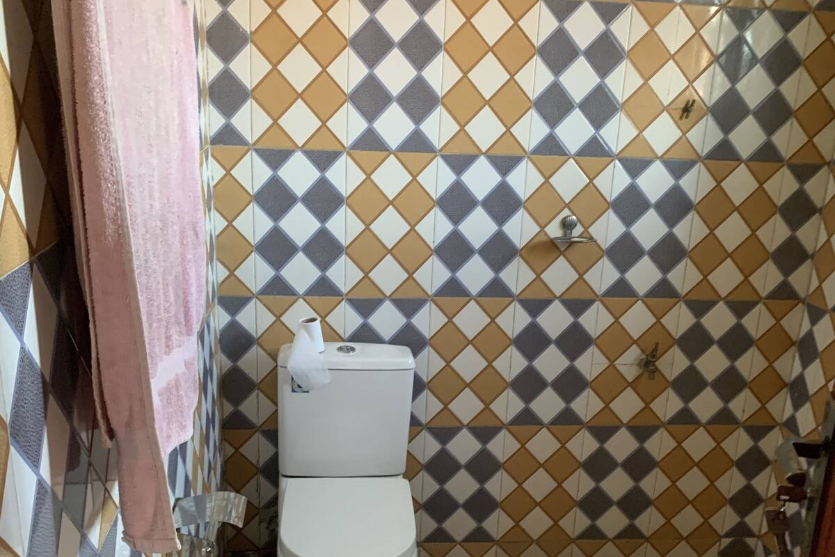 A bathroom with a patterned tile wall, a toilet, a shower area, and a towel rack.