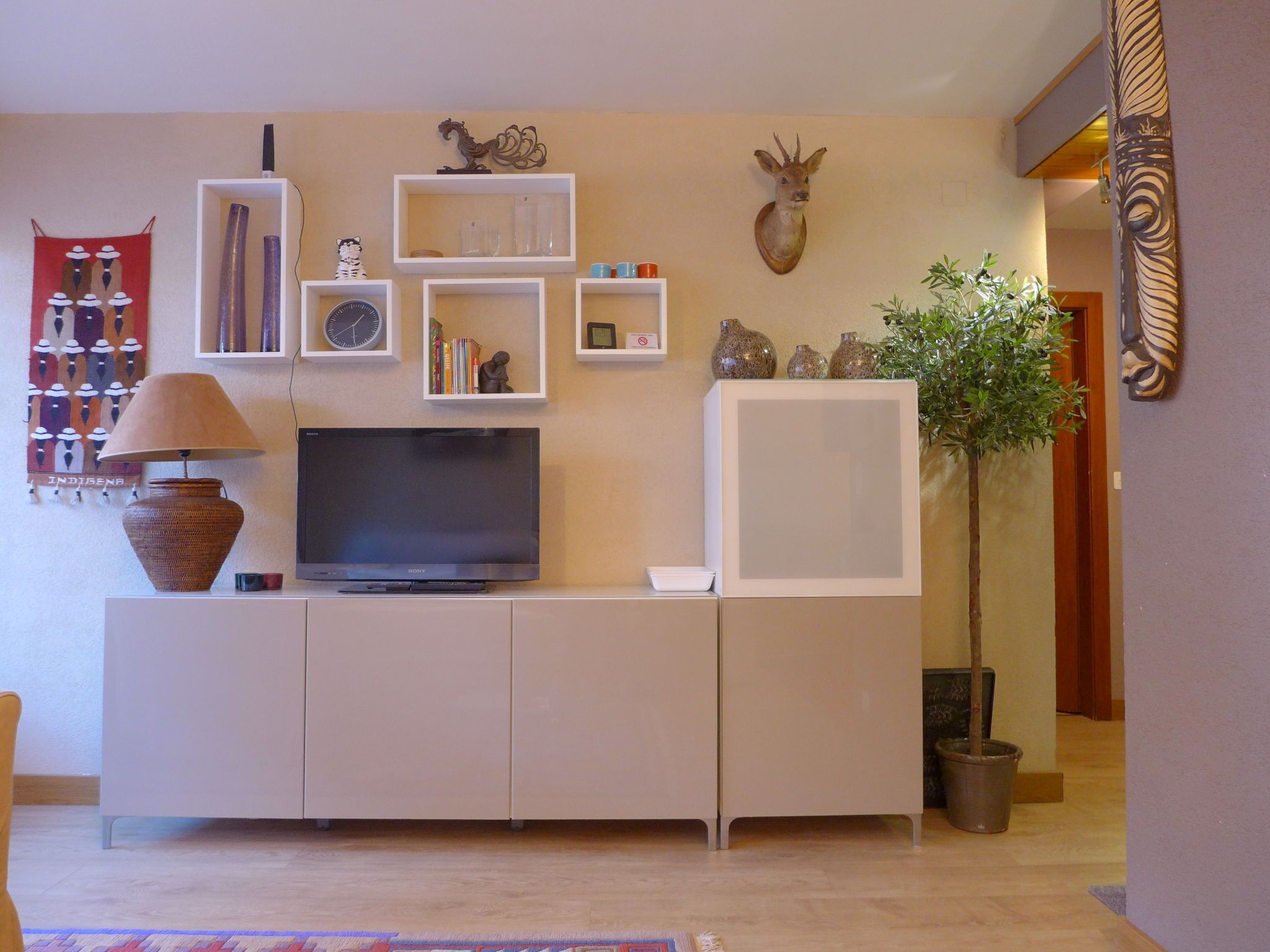 A living room with a flat-screen TV, a potted plant, and decorative items on shelves.
