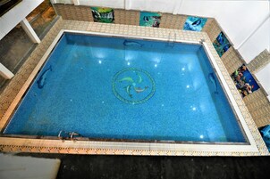 Una piscina rectangular con un motivo decorativo de delfín en el centro, rodeada por un borde de azulejos estampados.