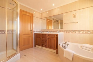 Shower, hair dryer, bidet, towels