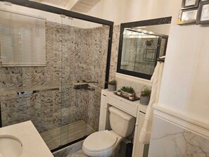 Shower, hair dryer, towels, soap