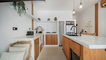 Villa | Private kitchen | Fridge, microwave, stovetop, electric kettle