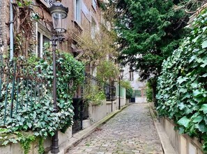 Stroll through a charming, tree-lined street surrounded by traditional architecture and lush greenery.