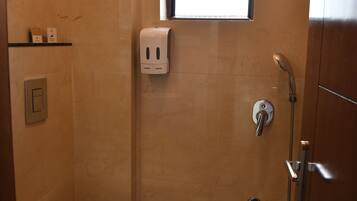 Une salle de bain avec une douche, des toilettes et une fenêtre.