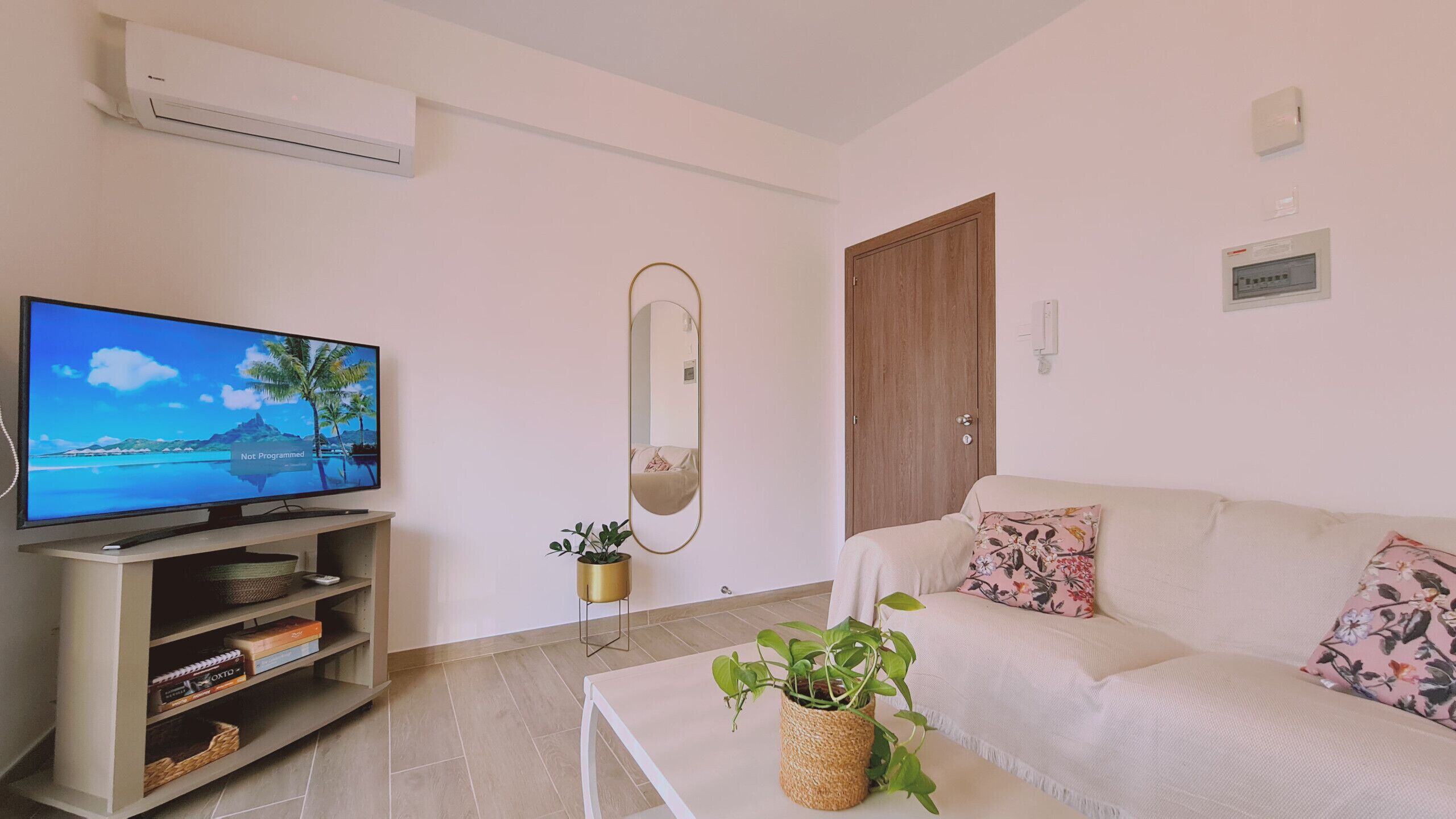 Una sala de estar con televisor de pantalla plana, un sofá, una mesa de centro, un espejo y una puerta.