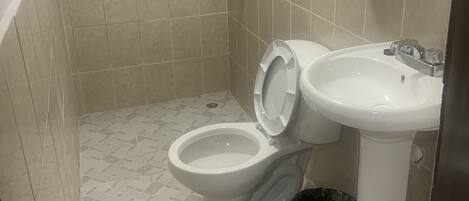 A bathroom with a toilet, sink, and shower.
