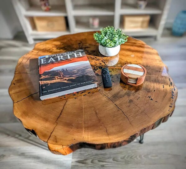 Ein Buch mit dem Titel „Die Erde“ auf einem Holztisch, zusammen mit einem kleinen Topfpflanzen und einer Fernbedienung.
