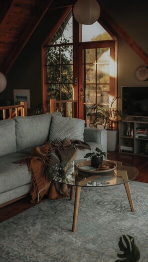 Smart TV, lareira, livros, aparelho de som