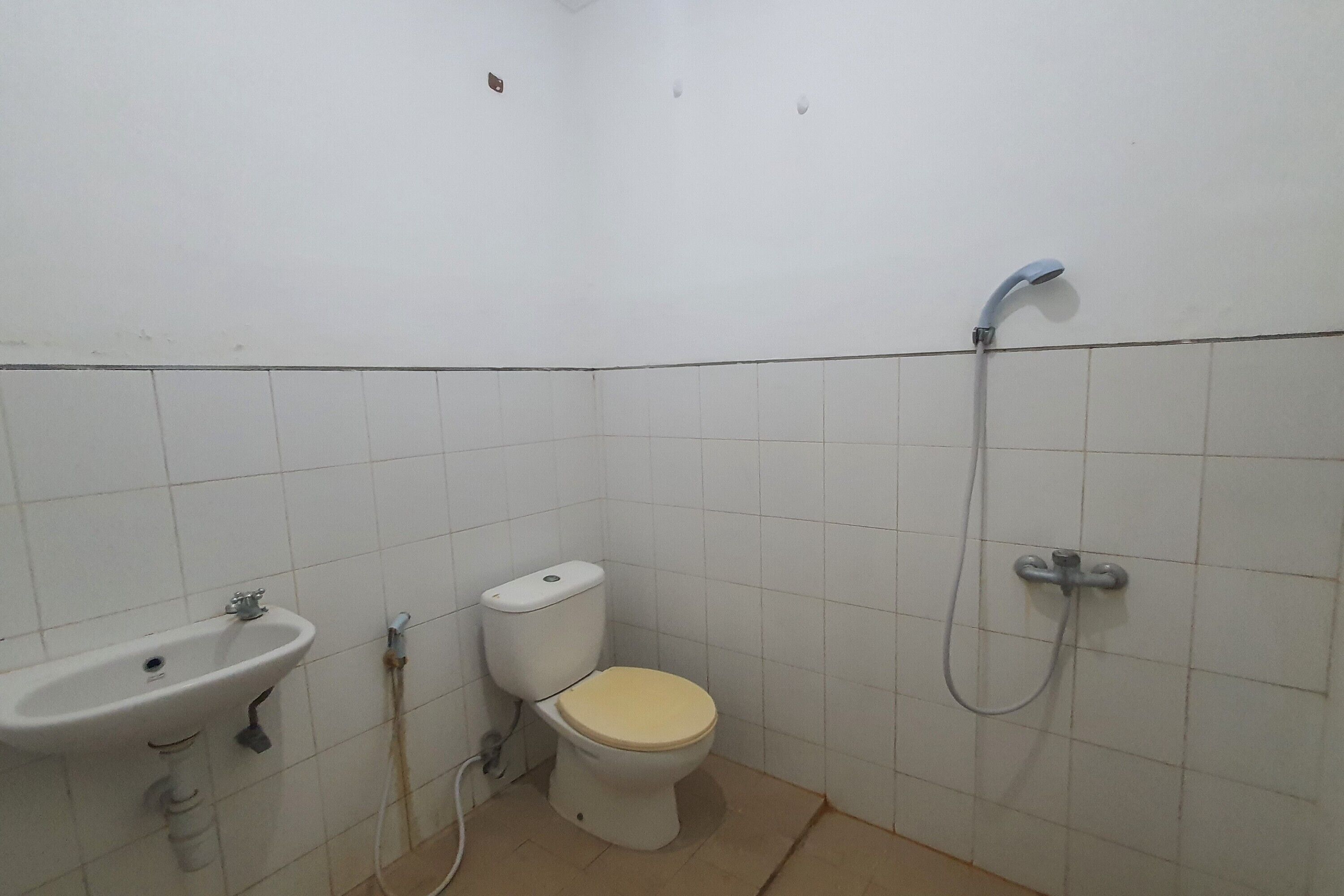 A small bathroom with a sink, toilet, and shower.