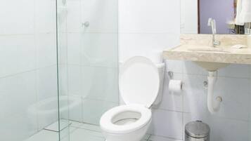 Chuveiro, bidê, toalhas de banho, papel higiênico