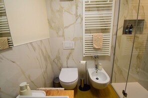 Shower, hair dryer, towels, toilet paper