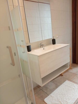 Shower, hair dryer, bidet, towels