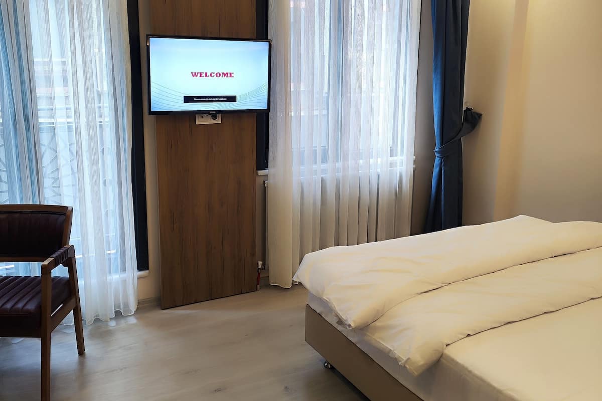 A hotel room with a bed, a TV mounted on a wooden panel, a chair, and a bedside table with a phone.