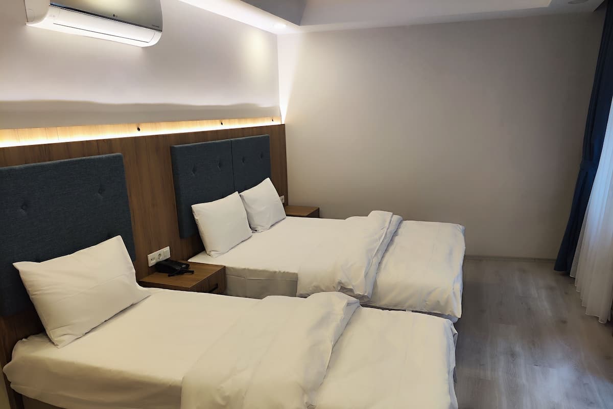 A hotel room with two beds, a wooden headboard, a bedside table with a phone, and a ceiling light.