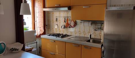 A compact kitchen with a gas stove, stainless steel sink, and a refrigerator.