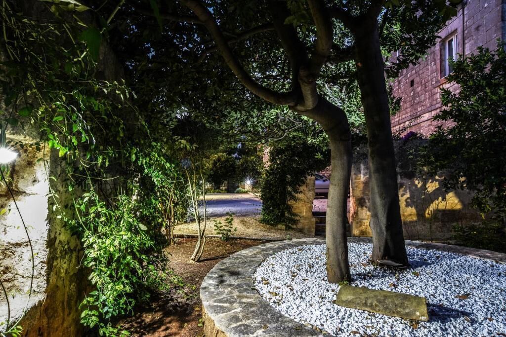A nighttime outdoor area with trees, a stone pathway, and a building in the background.