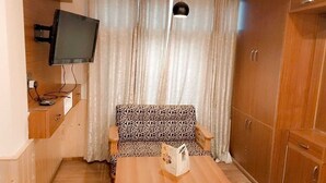 Un espai habitable reduït amb un sofà, una televisió penjada a la paret, una taula amb una revista i armaris de fusta.