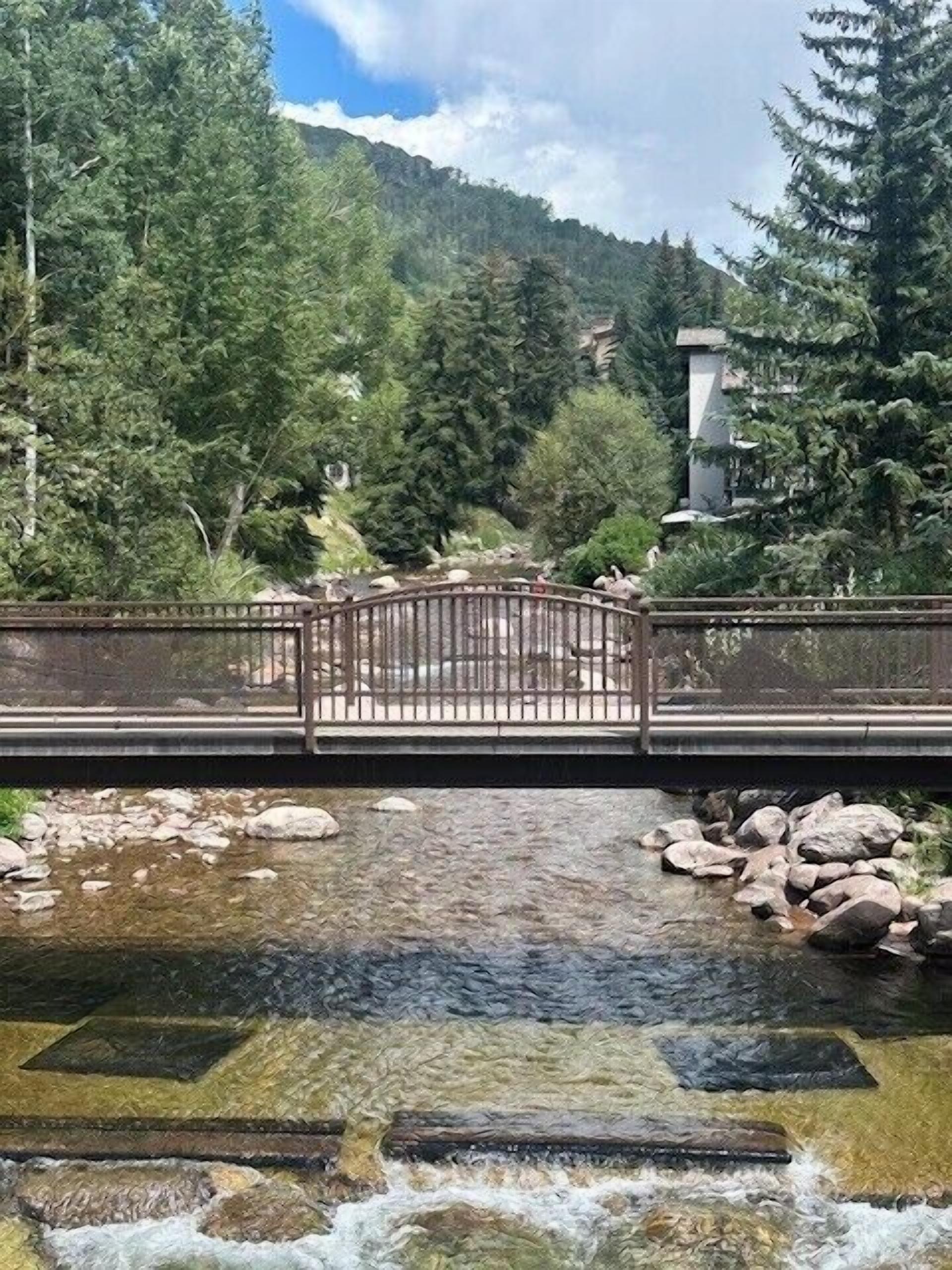 A bridge over a stream with a rocky bed, surrounded by dense greenery and mountains in the background.