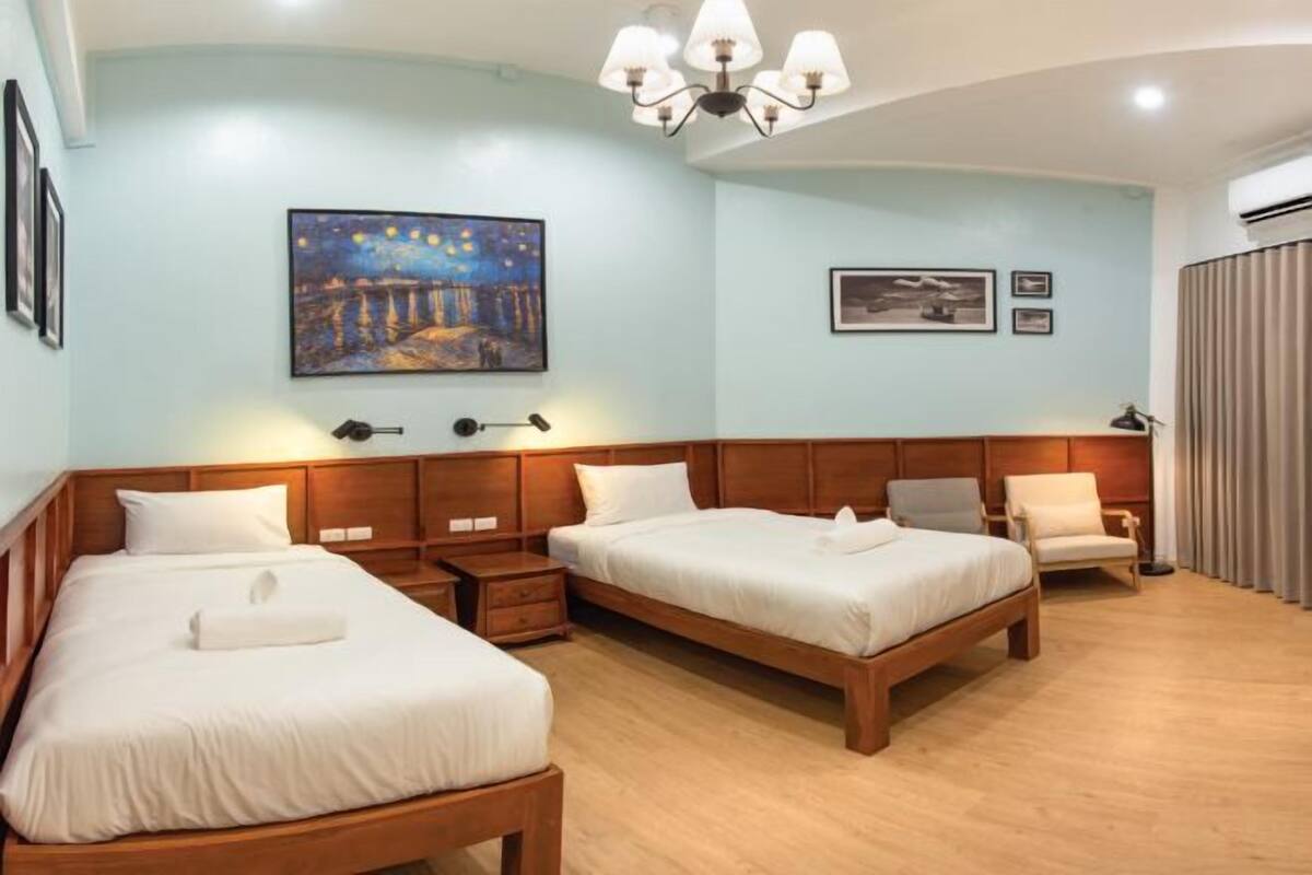 Memory-foam beds, desk, laptop workspace, free WiFi