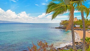 A beach with clear blue water, palm trees, and a rocky shoreline. - Chic Oceanfront Escape-Boutique Studio-Noelani 219-Cold AC-Amazing Ocean View (Lahaina)