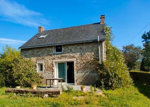 Surrounded by lush greenery, this charming cottage offers a serene outdoor space with a table and potted plants.