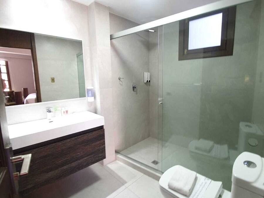 A modern bathroom with a glass-enclosed shower, a vanity with a mirror, and a toilet.
