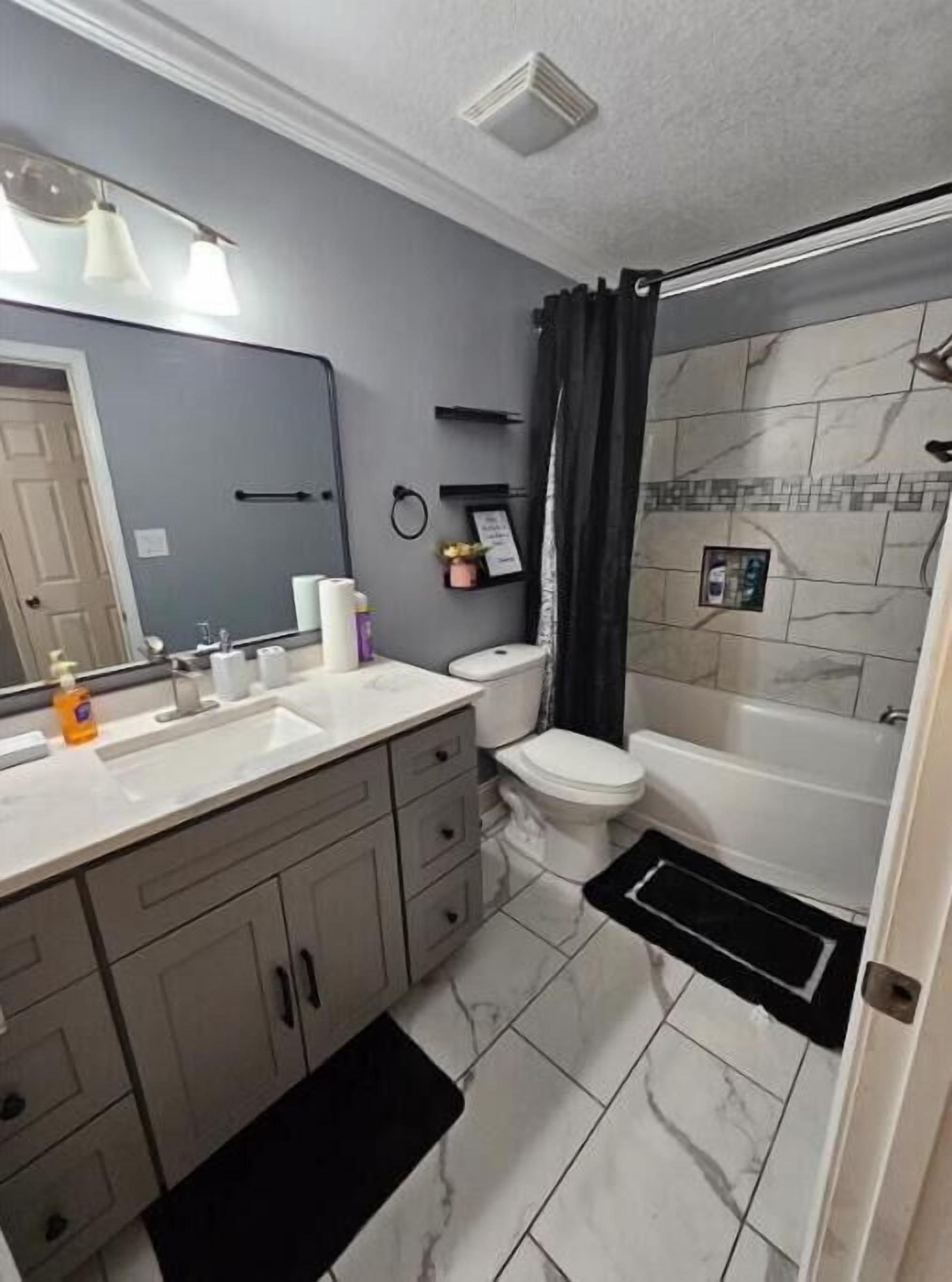 Hair dryer, towels, soap, toilet paper