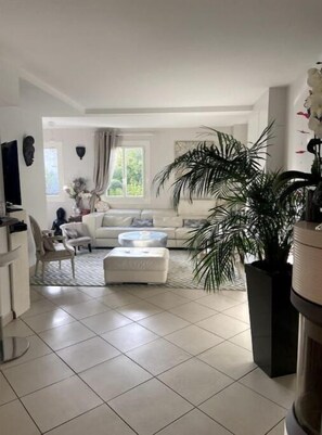 Smart-TV, Kamin, DVD-Player, Bücher